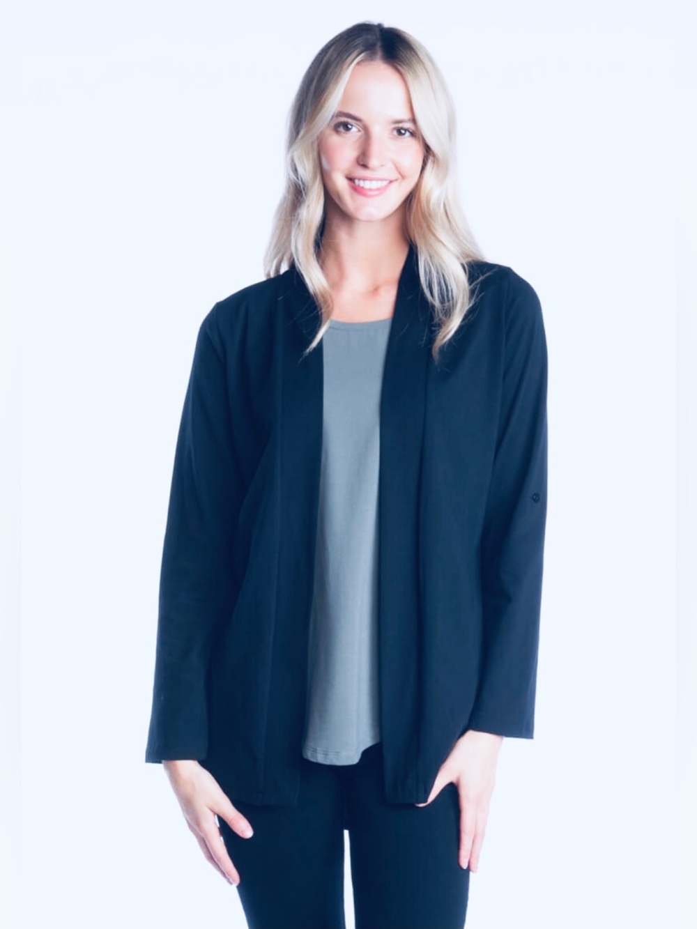 DKR Apparel Cotton Blend Convertible Sleeve Open Cardigan with Pockets-Navy